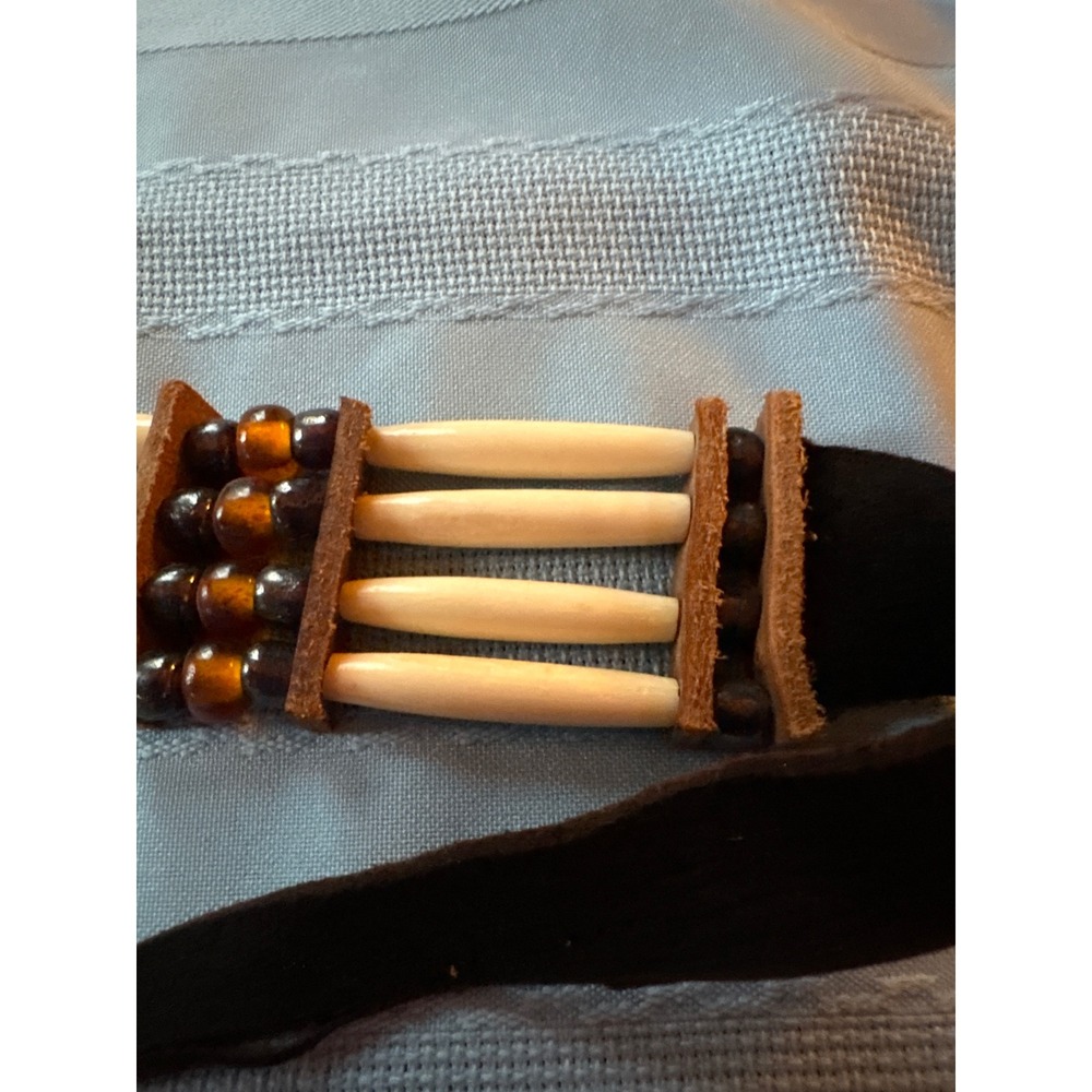 Choker Necklace Bone Beads Feather Button Leather Cord Tribal Boho southwestern - Picture 3 of 6